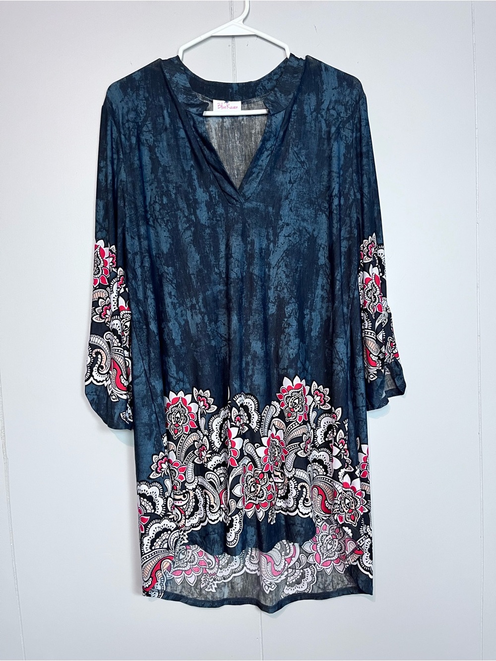 Blue Raven Floral Border Print Tunic Top | 3/4 Sleeve V-Neck